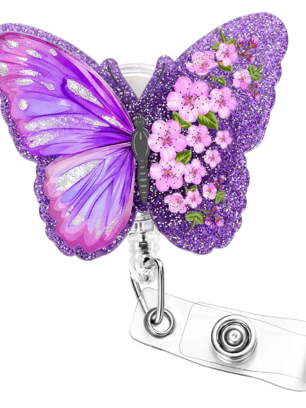 Soleebee Purple Butterfly Nurse Badge Reel, Cute Bling Retractable Badge Holder,